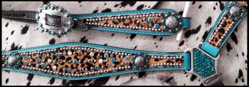 Showman Hair on Cheetah with metallic teal accent browband headstall and breast collar set with beads and engraved conchos and hardware #3